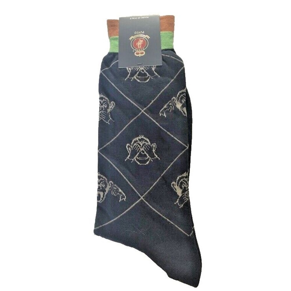 Punto Mens Dress Socks 10-13 Egyptian Cotton Navy Blue Wise Monkeys Italian